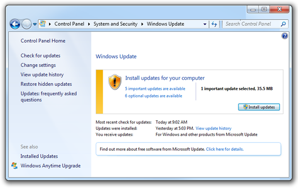 Windows Update applet shows path from Control Panel > System and Security > Windows Update
